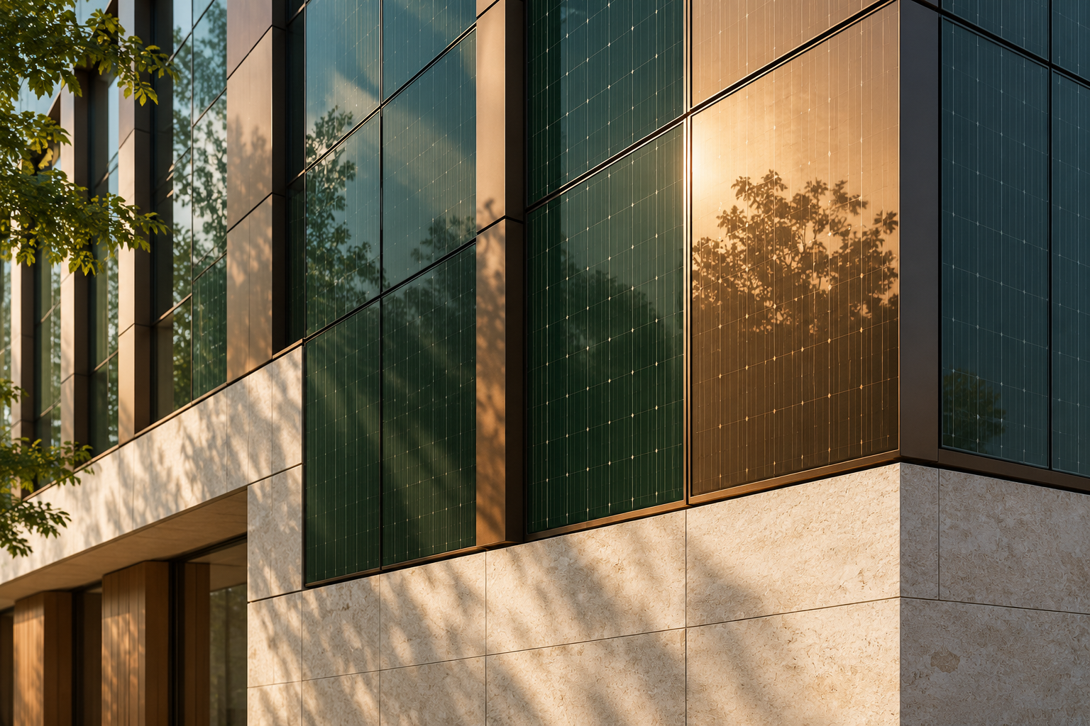 Concept of green and bronze photovoltaic facade panels in warm daylight