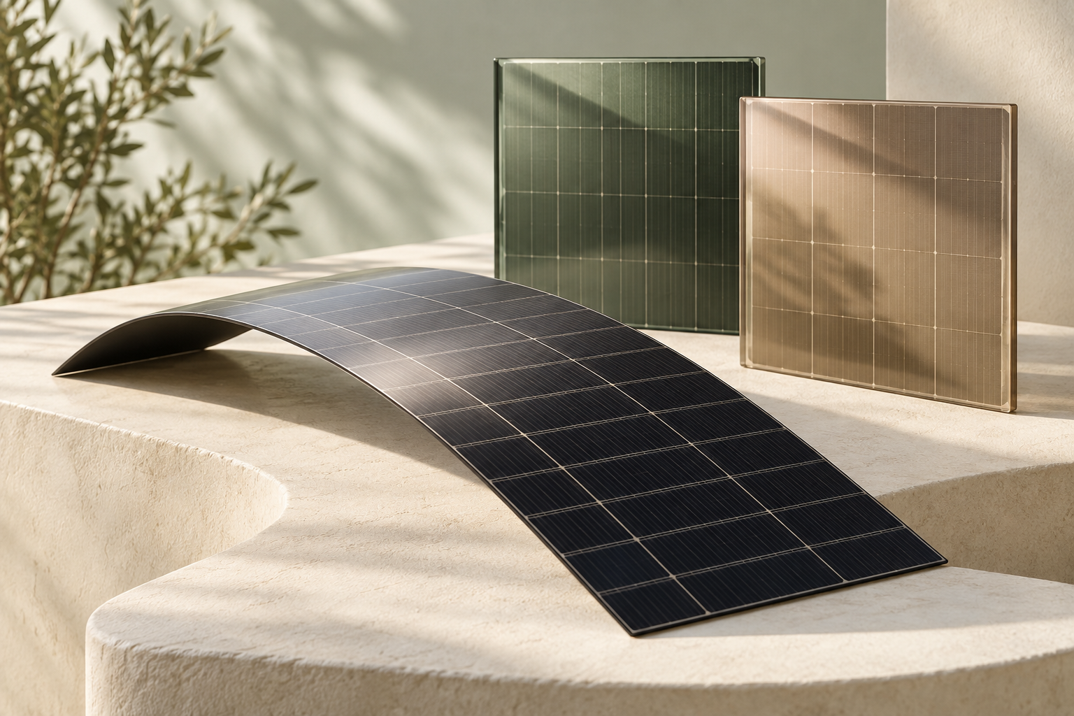 Concept arrangement of a curved flexible solar laminate and coloured glass samples