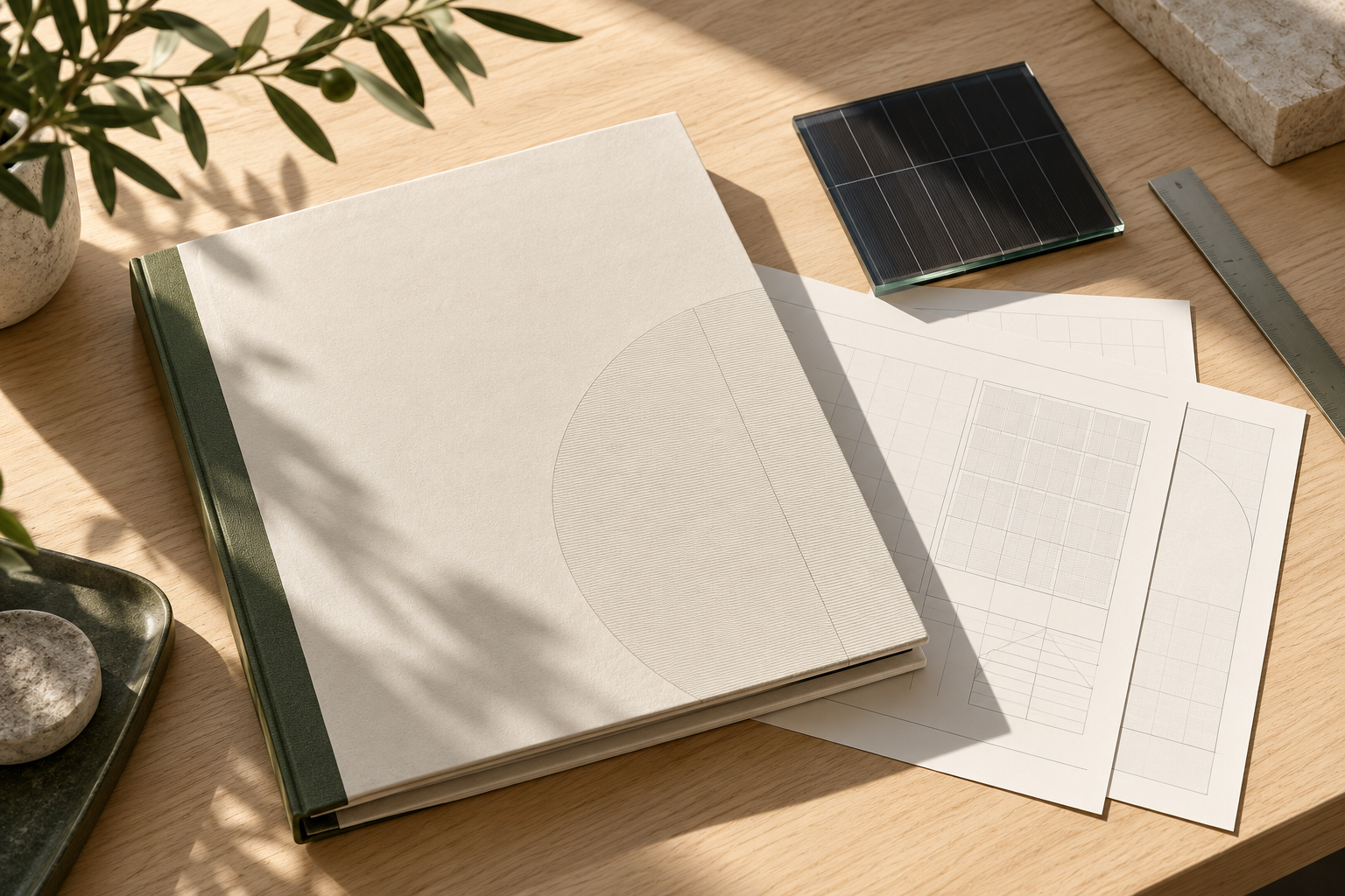 Concept of a product information folder and solar glass sample on a sunlit desk